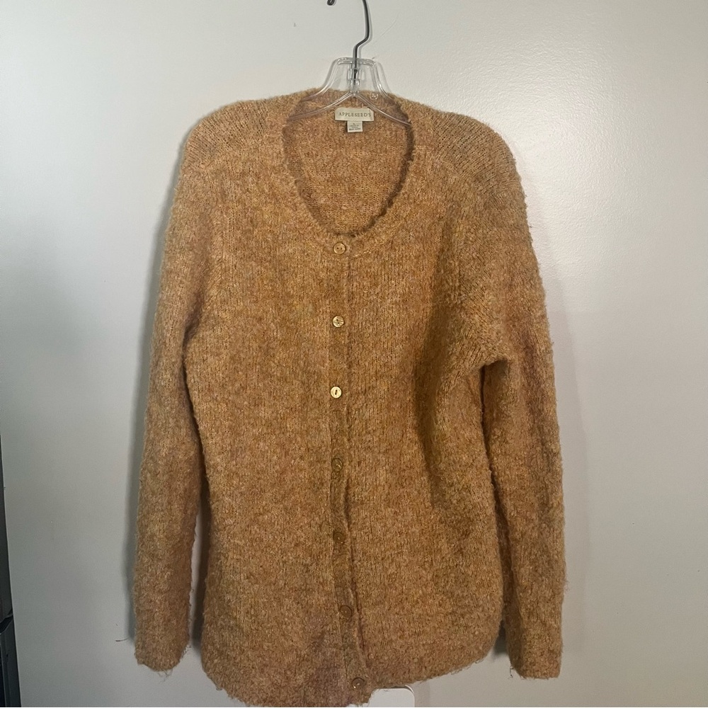 Appleseed's Heathered Tan-Brown Fuzzy Button Cardigan